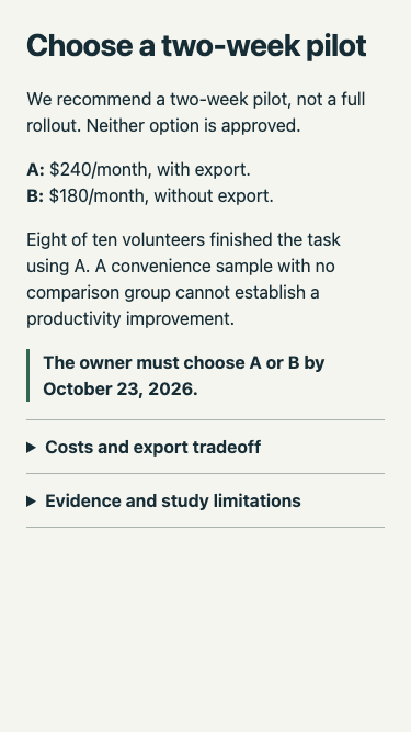Collapsed synthetic decision brief at a 375 by 667 CSS-pixel viewport