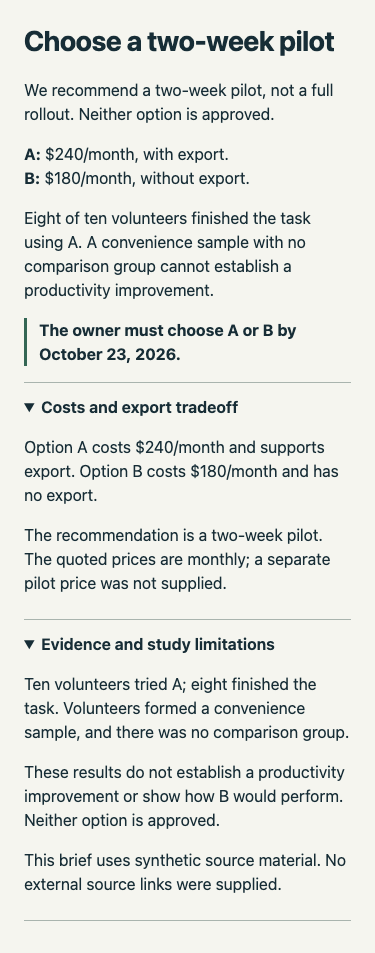 Expanded synthetic decision brief showing costs and study limitations